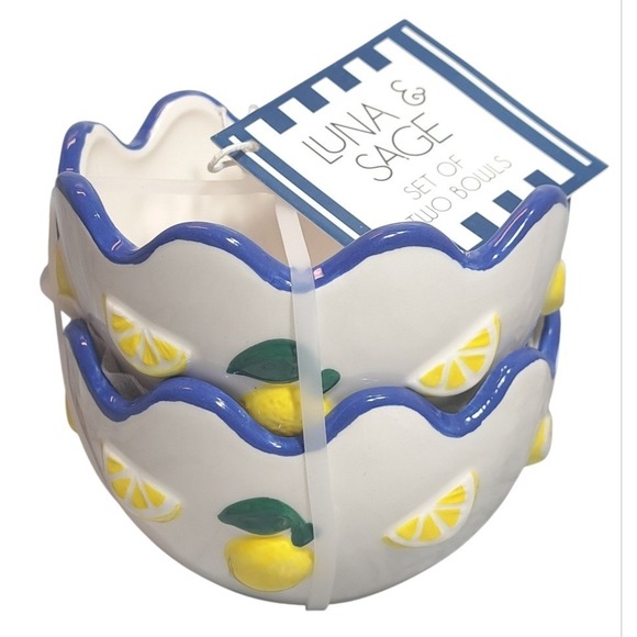 Luna & Sage Set of 2 Lemon Theme Bowls With Blue Scallop Rim Kitchen Dinnerware - Picture 10 of 10